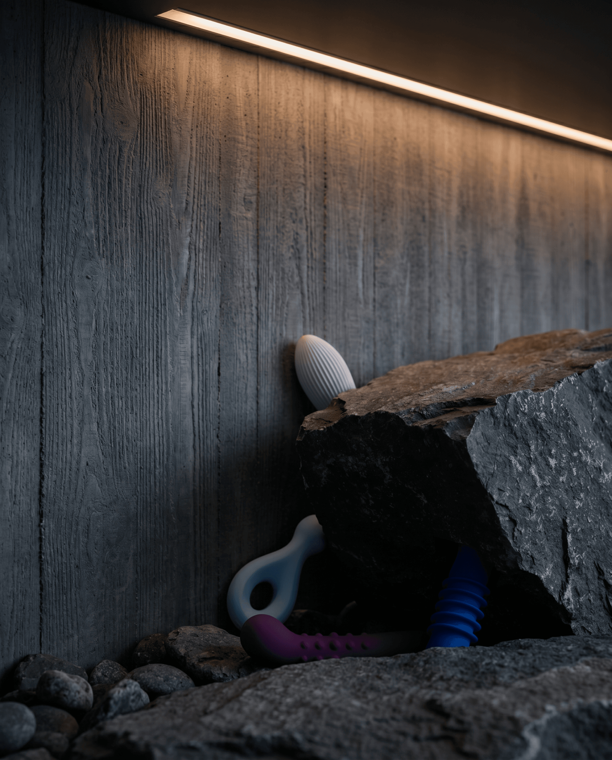 AURIV LAB design language with textured stone and soft lighting
